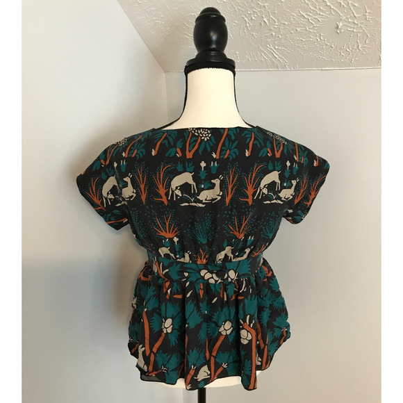 Anna Sui x Anthropologie Deer Habitat Peplum Silk Blouse - Size 2 - Picture 4 of 10